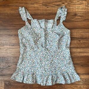 Vintage Blue Floral Tank Ruffle trap Smocked Women M Boho Cottagecore Coquette